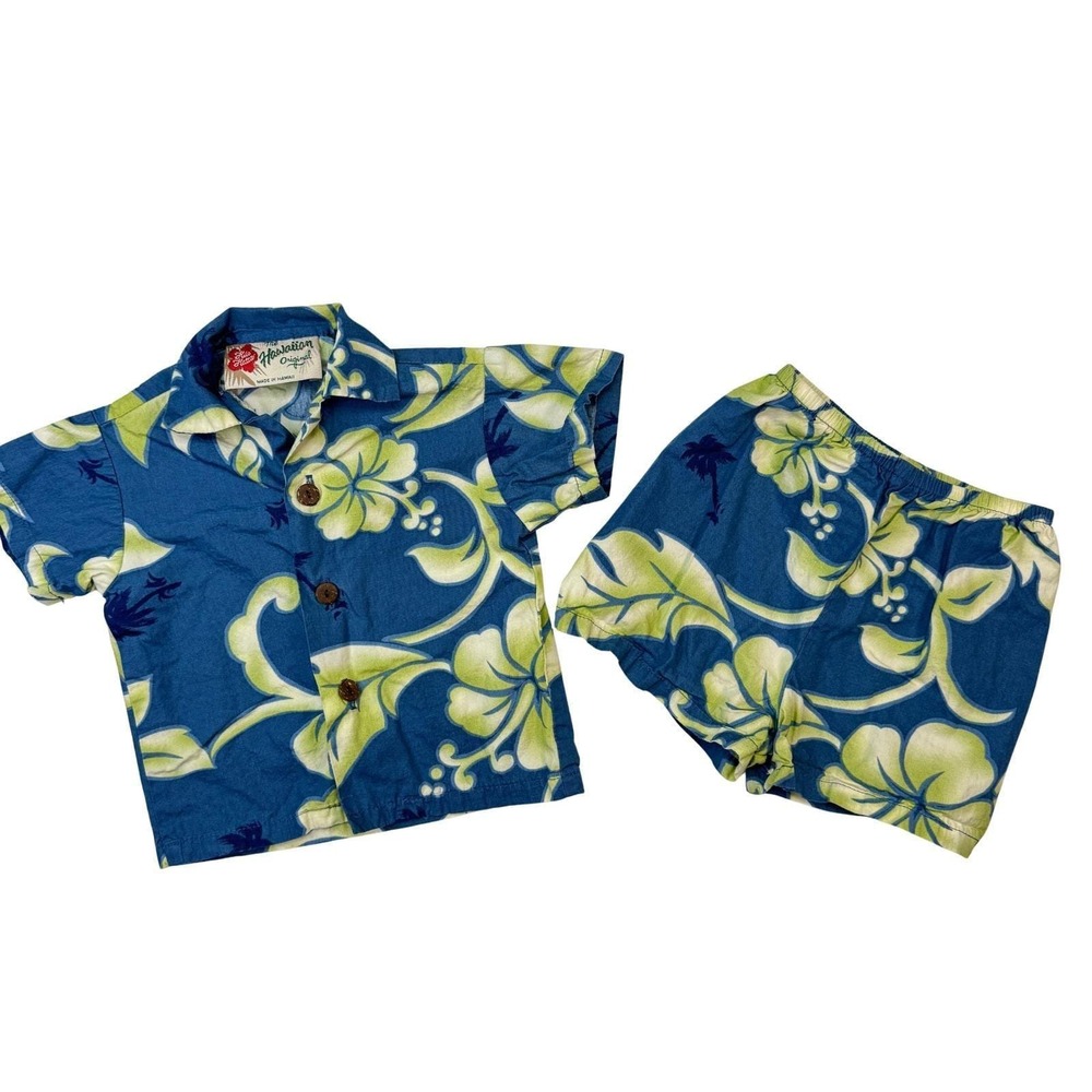 Vintage‎ Hilo Hattie Baby Hawaiian 2pc Set Shirt Shorts Blue Floral 6M